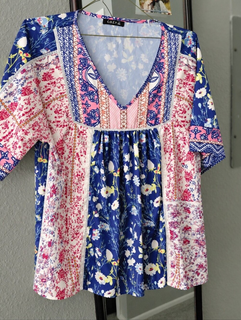 Cozy Floral Patchwork V-Neck Tunic in Navy & Pink